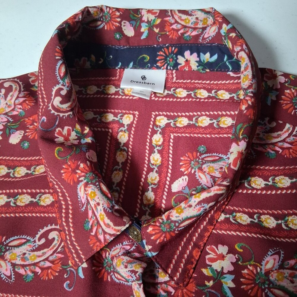 Dressbarn Blouse XL Maroon Blue Paisley Floral Tapestry Semi Sheer Long Sleeve - Picture 15 of 16